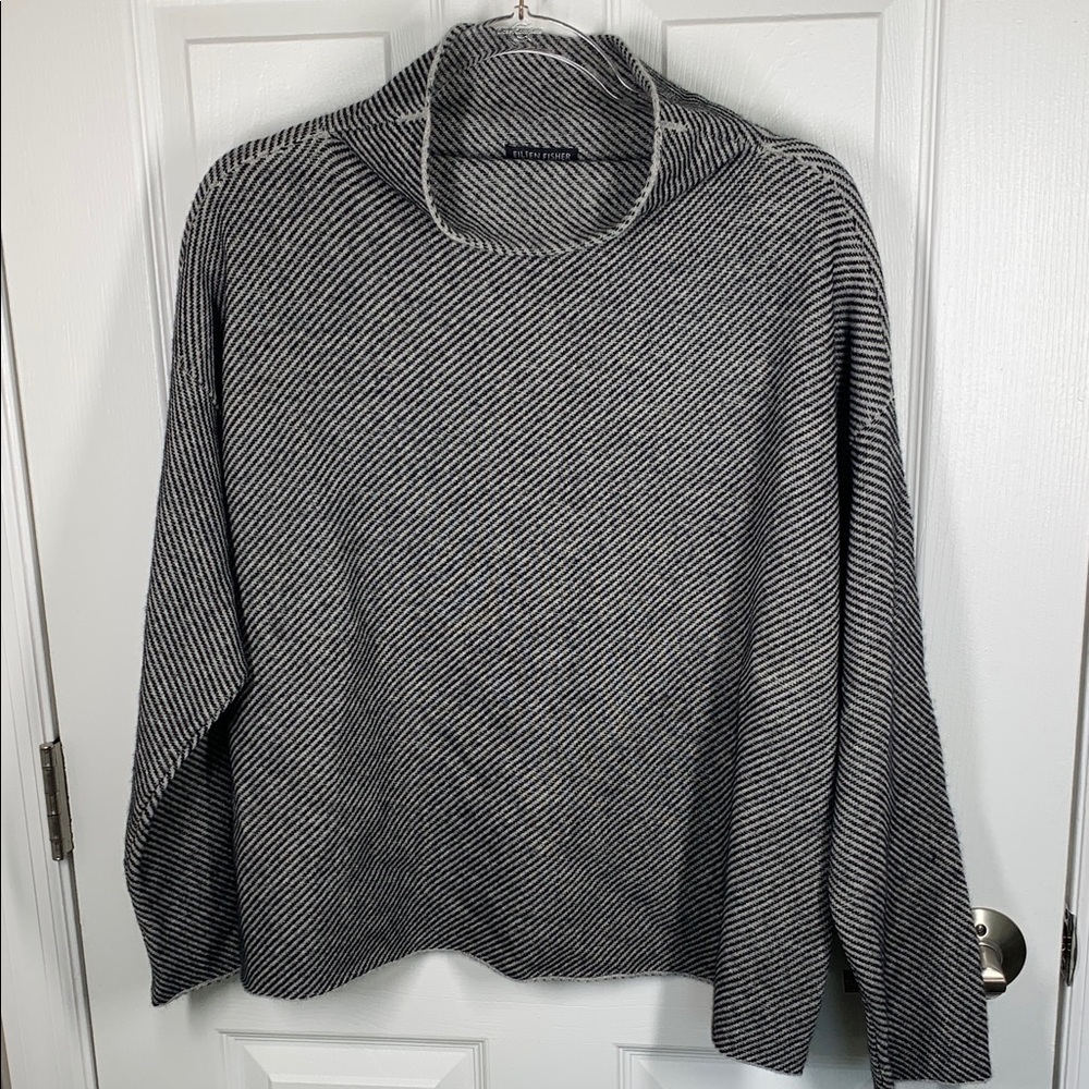 Eileen Fisher mock neck cashmere blend sweater black and gray size large